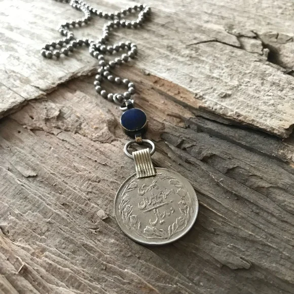 Rustic Lapis Lazuli Ethnic Coin Charm Necklace - 30 Inch Chain - Picture 5 of 12